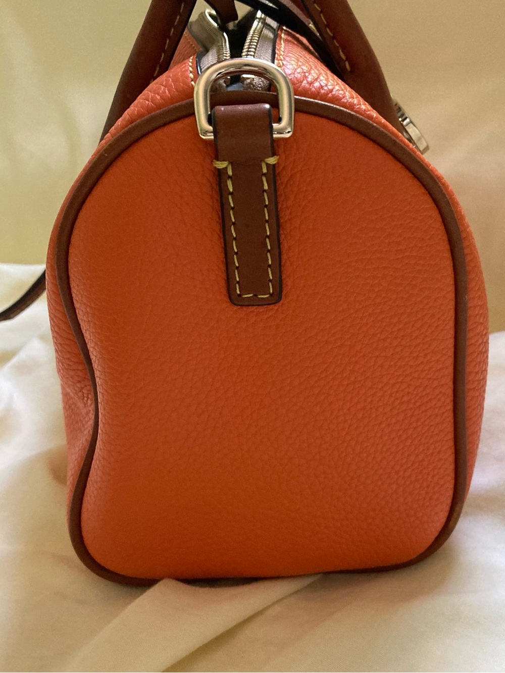 Dooney and Burke barrel Orange Leather Top-Handle Satchel with Brown Accents - Picture 6 of 13